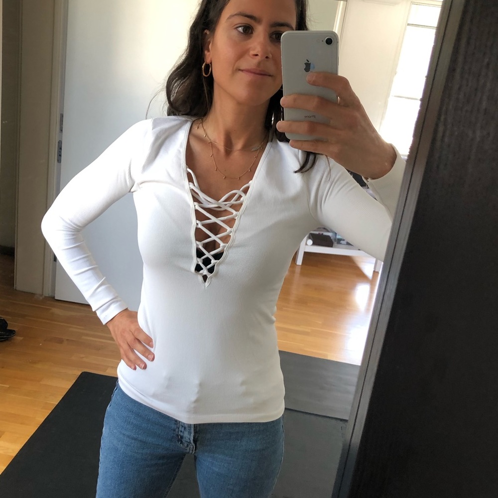 Free People Stretchy White Lace Up Top